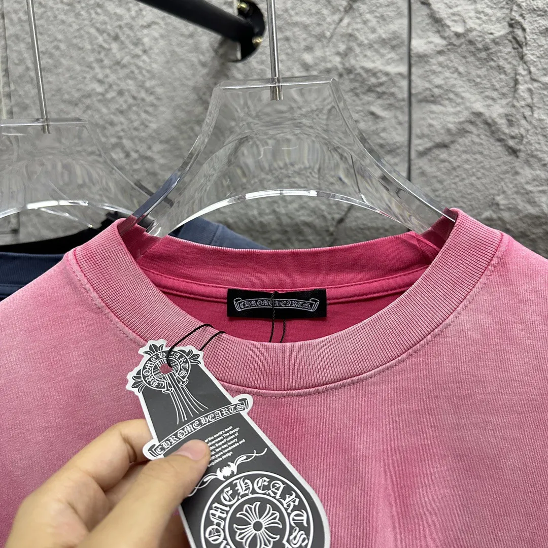 🅿️200 CH Croix Heart 2025 Summer New Style Heavy Acid Washing Gradient Distressing Chest Logo Classic Embroidery Customized Fabric Short Sleeve T-shirt Unisex Size: S M L XL XXL Five Codes (European Code) Color: Gradient Black Gradient Pink Gradient Blue